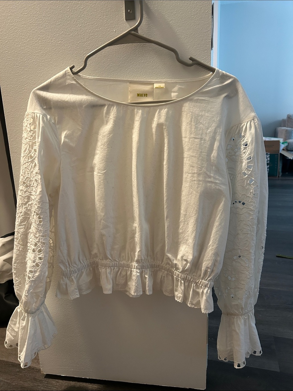 Maeve Cream Eyelet-Sleeve Peplum Top